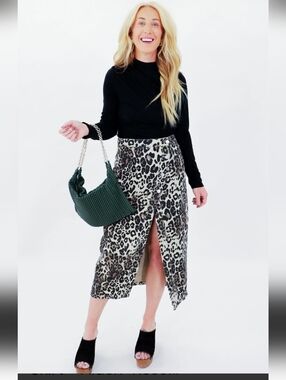 MARBLE Leopard Print Midi Wrap Skirt - Black & Beige